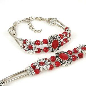 Classical Beaded RED Bangle Bracelet Retro Vintage Style Women Wrist Jewel
